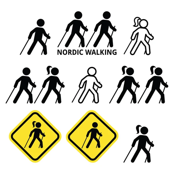 Nordic Walking, mensen buiten wandelen met stokken icons set — Stockvector