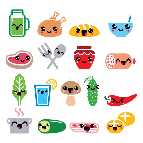 Kawaii personajes de alimentos lindos - carne, verduras, bebidas iconos conjunto — Vector de stock