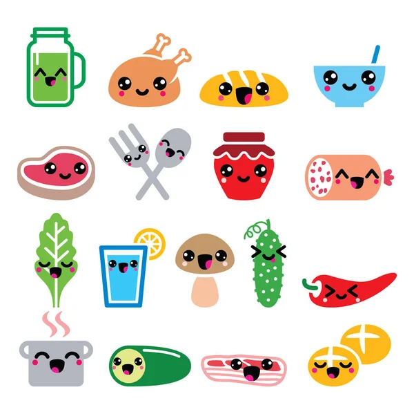 Kawaii personajes de alimentos lindos - carne, verduras, bebidas iconos conjunto — Archivo Imágenes Vectoriales