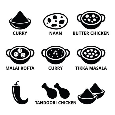 Hint yemekleri ve yemekleri - köri, naan ekmek, tereyağı tavuk simgeler