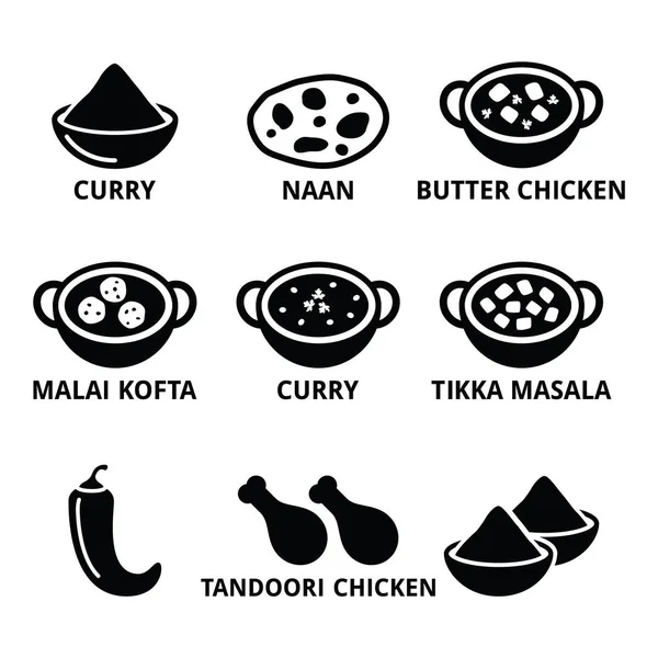 Comida y platos indios: curry, pan naan, iconos de pollo con mantequilla — Vector de stock