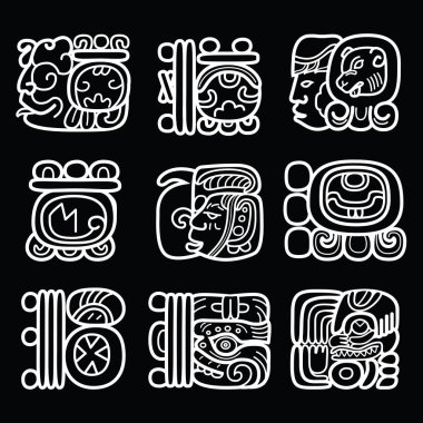 Maya glyphs, writing system and language vector design on black background clipart