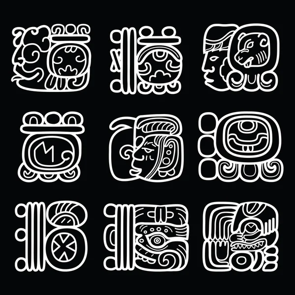Glifos mayas, sistema de escritura y diseño de vectores de lenguaje sobre fondo negro — Vector de stock