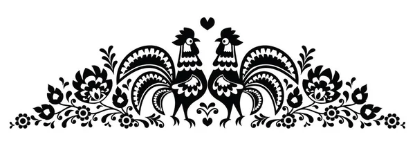 Polish floral folk art long embroidery pattern with roosters - Wzory Lowickie — Stock Vector