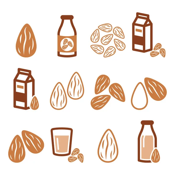 Almonds, almond milk vector icons set — Stock Vector