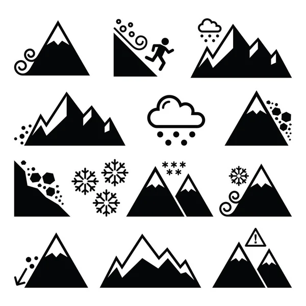 Montañas, avalanchas, deslizamientos de nieve, iconos de desastres naturales — Vector de stock