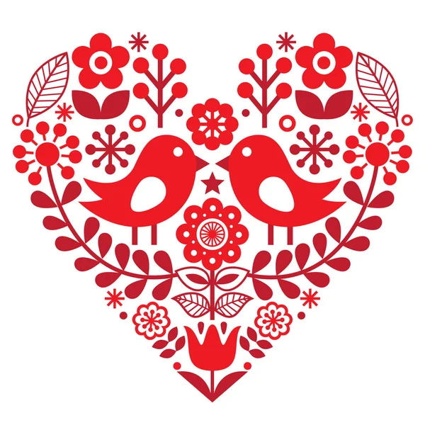 Aftelkalender voor Valentijnsdag folk patroon met vogels en bloemen - Fins geïnspireerd — Stockvector