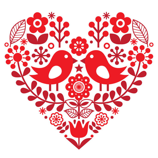 Valentine's Day folk pattern with birds and flowers - Finnish inspired
