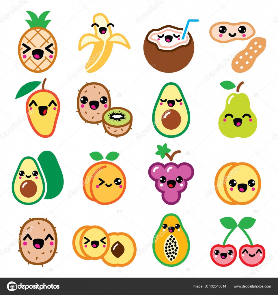 Kawaii frutas e nozes personagens bonitos ícones conjunto imagem