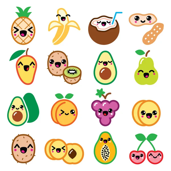 Kawaii fruits et noix personnages mignons icônes ensemble — Image vectorielle