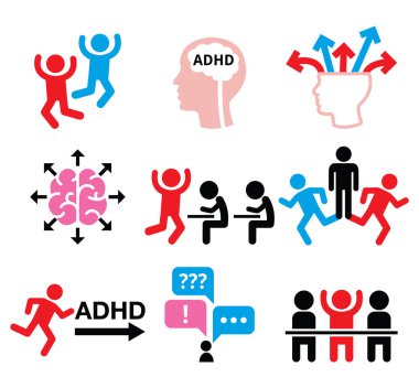 DEHB - dikkat eksikliği hiperaktivite bozukluğu vector Icons set 
