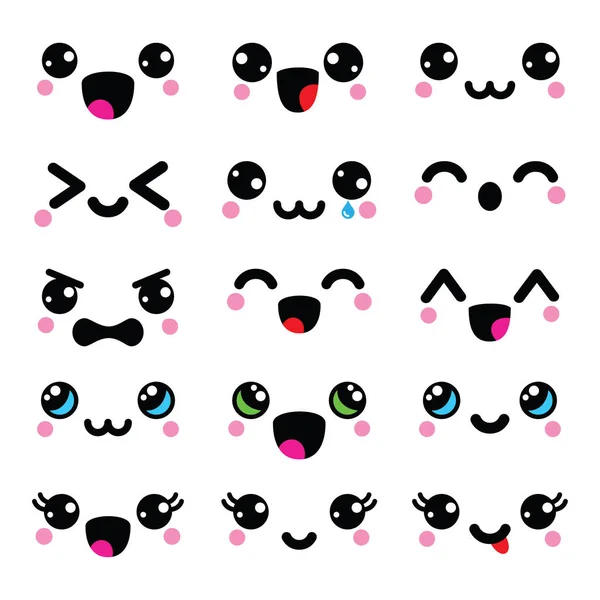 Kawaii visages mignons, émoticônes Kawaii, adorables personnages design — Image vectorielle