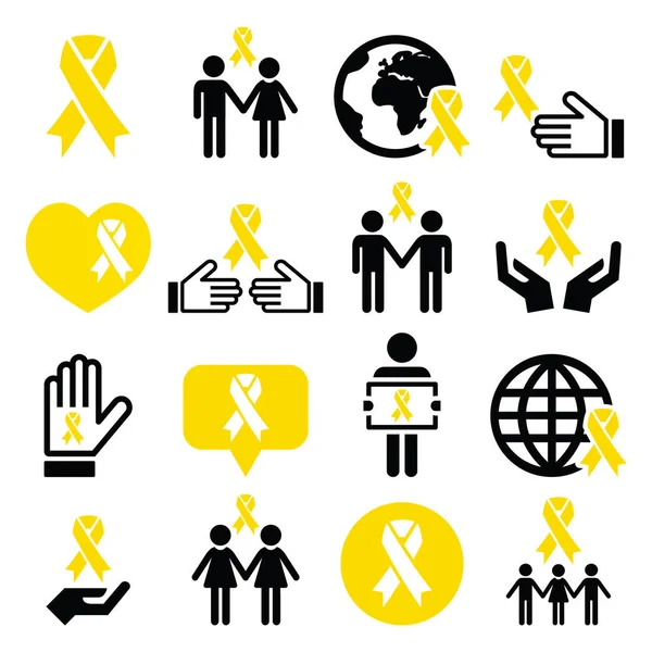Ícones de fita amarela - prevenção de suicídio, suporte para tropas, símbolo de pais adotivos — Vetor de Stock