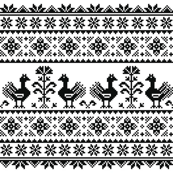Ucraniano o bielorruso, eslavo arte popular patrón de bordado negro de punto con pájaros — Vector de stock