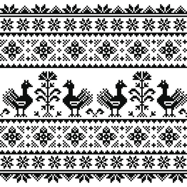 Ukrainian or Belarusian, Slavic folk art knitted black embroidery pattern with birds 