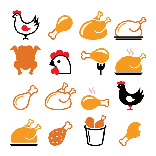 Chicken, fried chicken legs - food icons set — Stock Vector