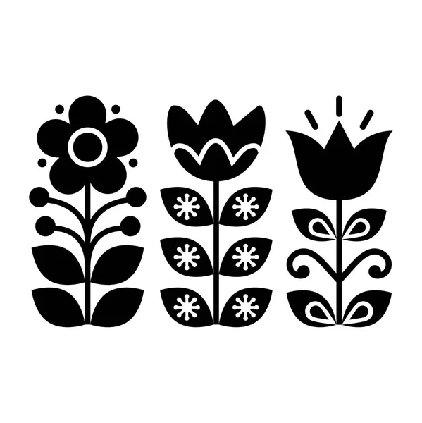 Schwedisches florales Retromuster - monochromes traditionelles Folk-Art-Design — Stockvektor