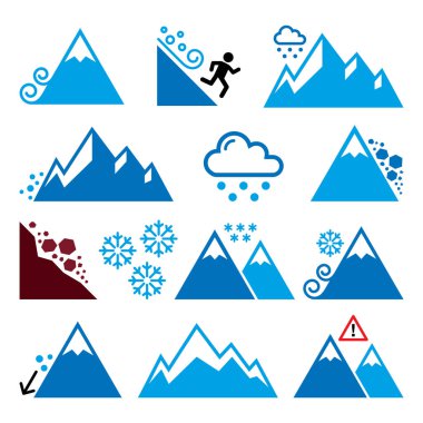 Dağlar, çığ, snowslide-doğal afet Icons set 