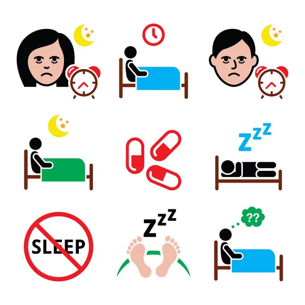 Insomnio, personas que tienen problemas con el conjunto de iconos para dormir — Vector de stock