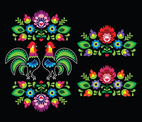 Broderie d'art populaire polonais avec des coqs - motif folklorique traditionnel — Image vectorielle