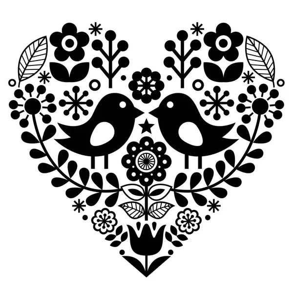 Folk art pattern with birds and flowers - Finnish inspired, Valentine's Day — Stock Vector