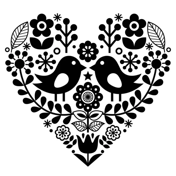 Folk art pattern with birds and flowers - Finnish inspired, Valentine 's Day — стоковый вектор