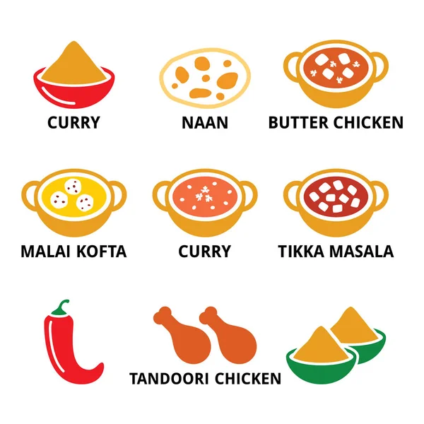 Comida indiana e pratos - caril, pão naan, ícones de frango manteiga — Vetor de Stock