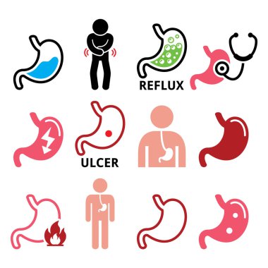 Stomach disease- reflux, ulcer vector icons set  clipart