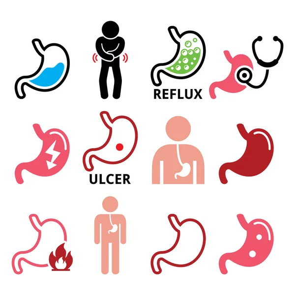 Doença de estômago refluxo, conjunto de ícones do vetor úlcera —  Vetores de Stock