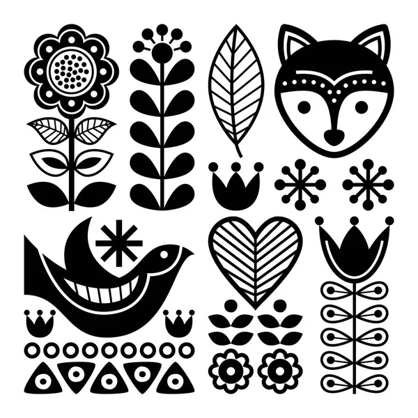 Finse folk art patroon - Scandinavische, Nordic stijl, zwart-wit — Stockvector