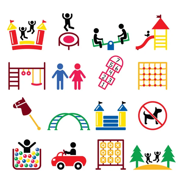 Kids playground, outdoor or indoor place for children to play icons set — Stock Vector