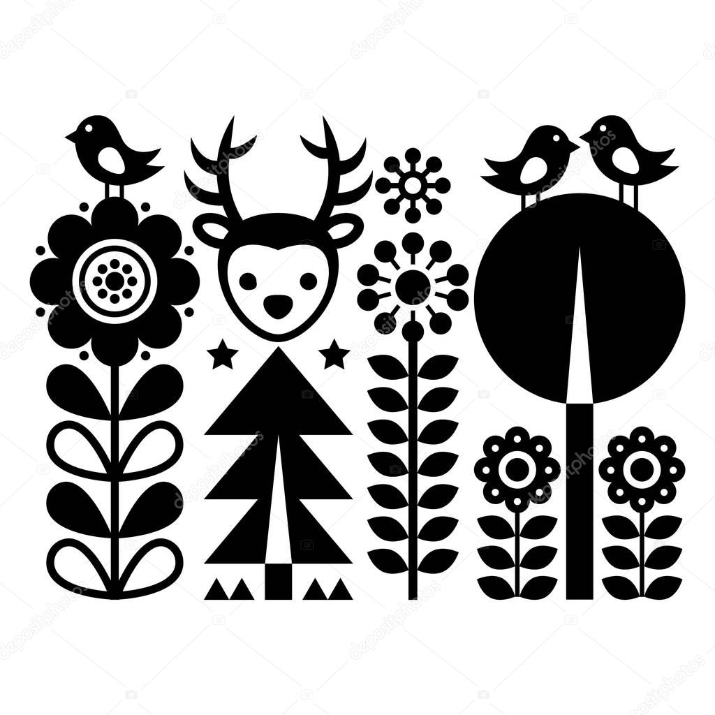 Scnandinavian folk art pattern - Finnish inspired, Nordic style with flowers, deer, and birds