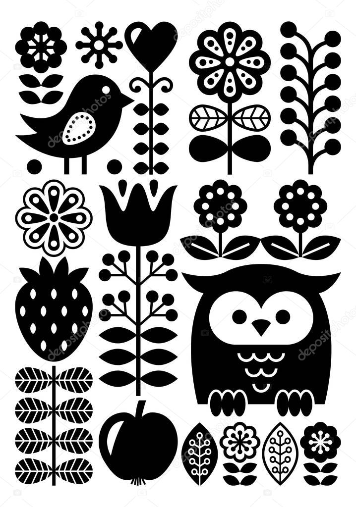 Finnish inspired folk art pattern - Scandinavian, Nordic style - monochrome