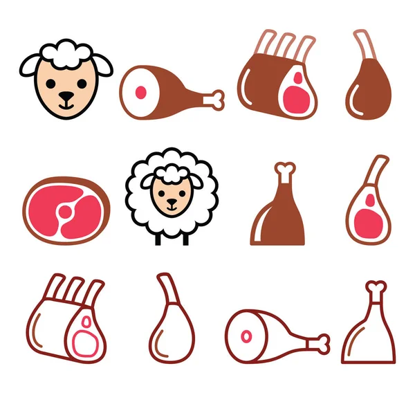 Lams vlees, lamsbout, lamb shanks en ribben icons set — Stockvector