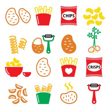 Patates, patates kızartması, cips, cips vector Icons set 