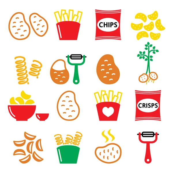 Batata, batatas fritas, batatas fritas, chips conjunto de ícones vetoriais — Vetor de Stock
