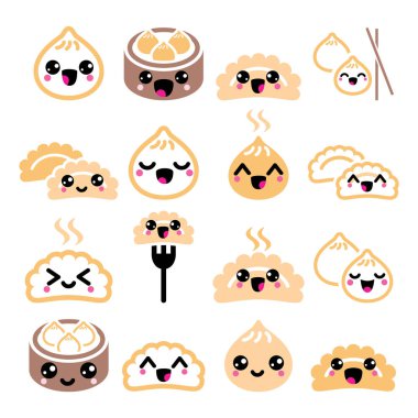 Kawaii Çin köfte, sevimli Asya gıda Dim Sum vector Icons set   