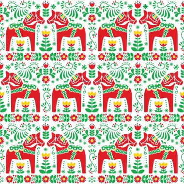   Seamless Scandinavian folk art pattern, Swedish Dala or Daleclarian horse floral design clipart