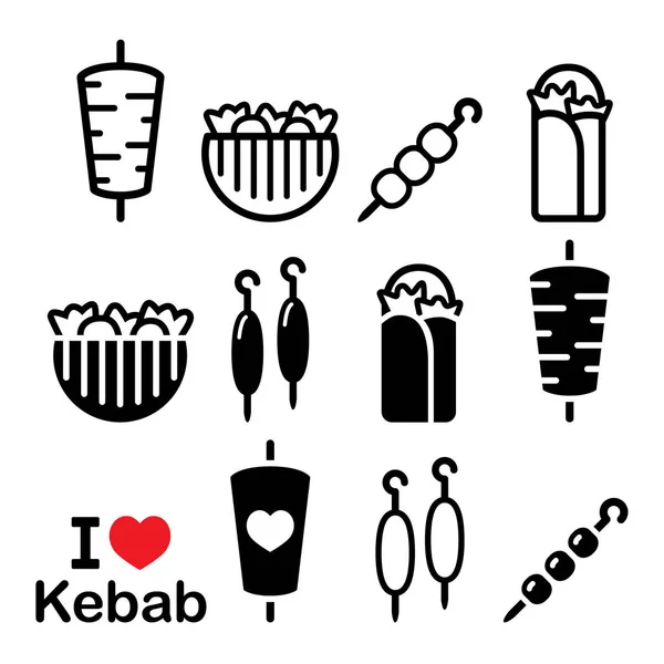 Doner kebab, kebab in wrap or pita bread, shish and adana kebab skewers icons set — Stock Vector