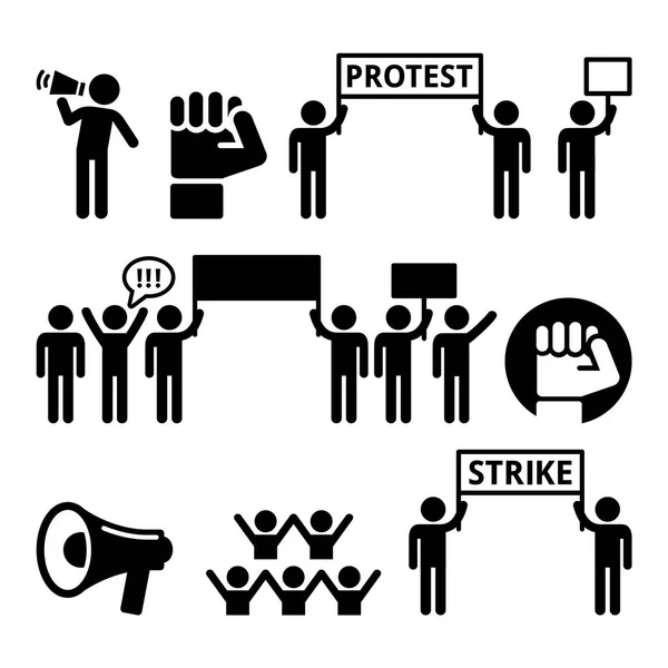 Protest, staking, mensen aan te tonen of te vechten voor hun rechten icons set — Stockvector