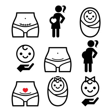 Cesarean bölüm, sezaryen, hamile kadın, Bebek Icons set 