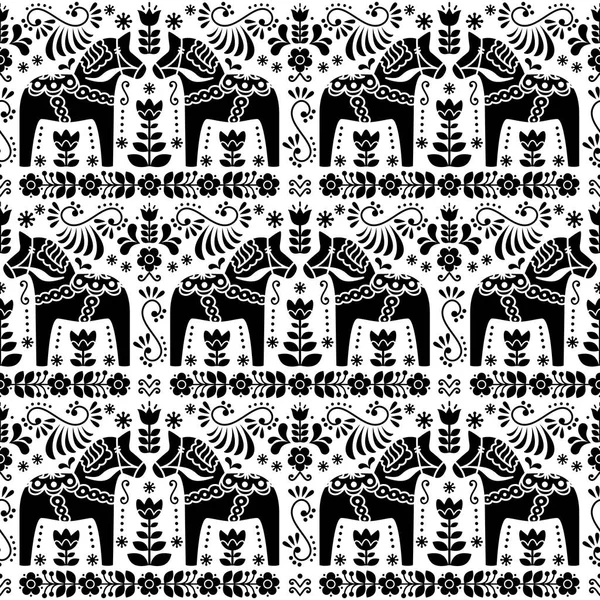 Seamless Scandinavian folk art pattern, Swedish Dala or Daleclarian horse floral design — Stock Vector