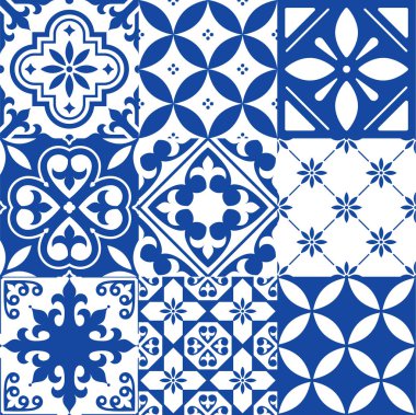 Spanish tiles, Moroccan tiles design, seamless navy blue pattern   clipart