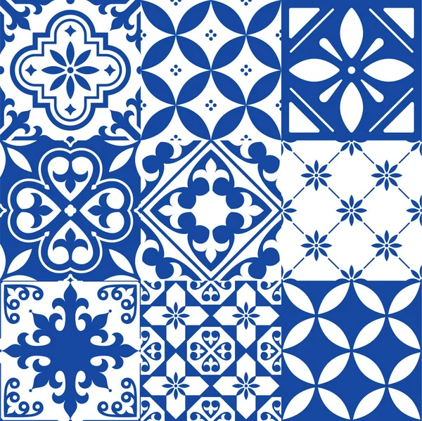 Azulejos españoles, diseño de azulejos marroquíes, patrón azul marino sin costuras — Vector de stock