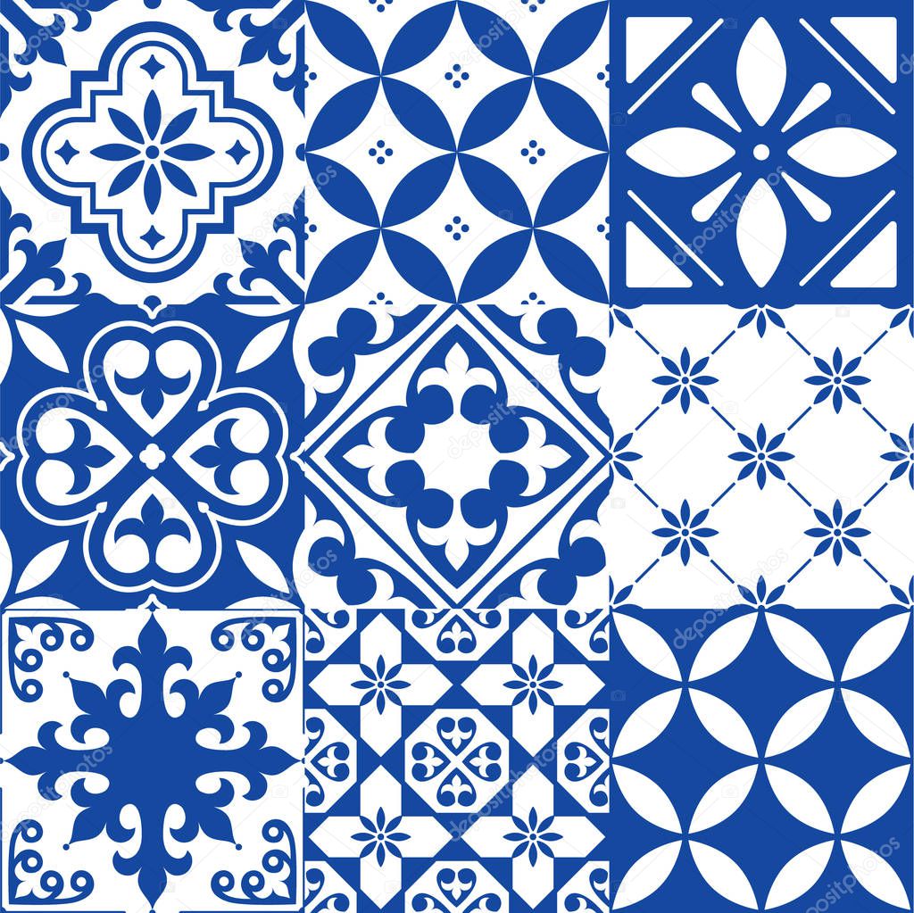 Spanish tiles, Moroccan tiles design, seamless navy blue pattern  