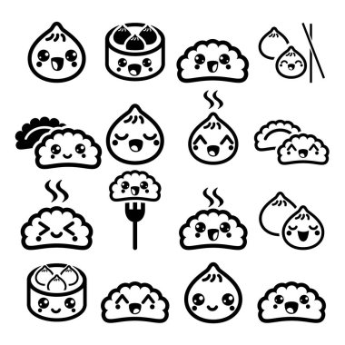Kawaii Çin köfte, sevimli Asya gıda Dim Sum vector Icons set 