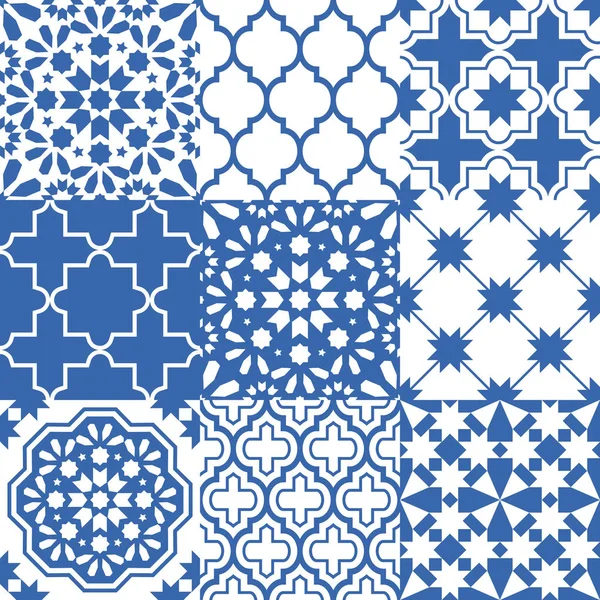 Azulejos españoles, diseño de azulejos marroquíes, patrón azul marino sin costuras — Vector de stock