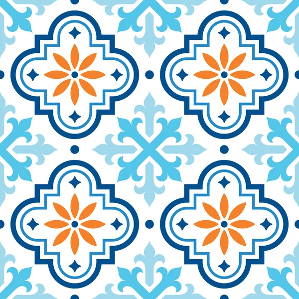 Spaanse tegel patroon, Marokkaanse tegels design, naadloze blauwe en oranje achtergrond — Stockvector