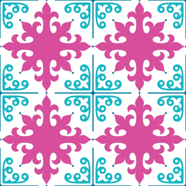 Spanish tiles pattern, Moroccan and Portuguese tile seamless design in pink and turquoise — Stock Vector