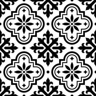 İspanyolca kiremit model, Fas çini tasarım, sorunsuz siyah ve beyaz arka plan - Azulejo